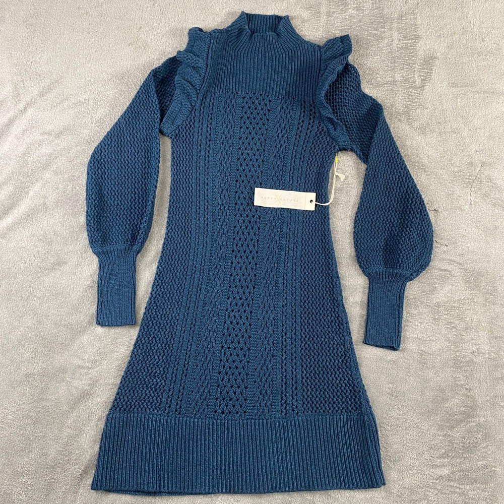 Happy Nature Blue Knit Mock Neck‎ Ruffle Sleeve Sweater Dress XS Boho Dinner NWT